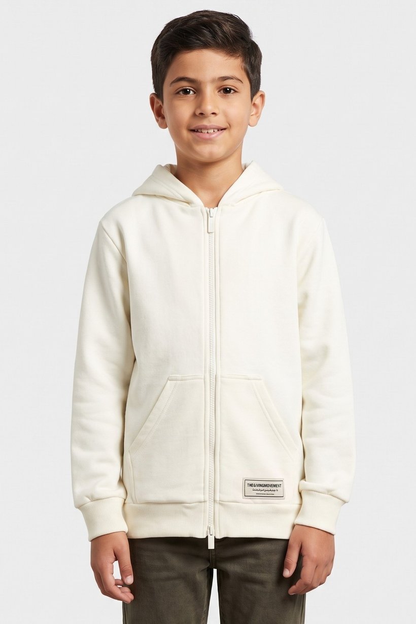 Kids Boy Brand Logo Long Sleeve Full Zip Hoodie, Ivory