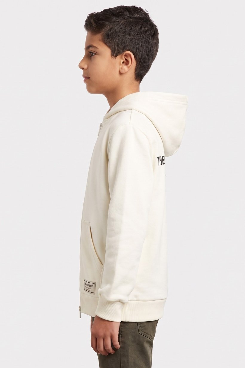 Kids Boy Brand Logo Long Sleeve Full Zip Hoodie, Ivory