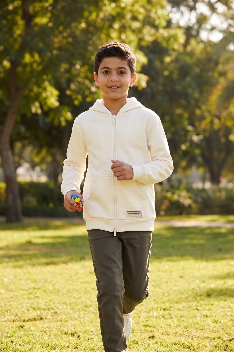 Kids Boy Brand Logo Long Sleeve Full Zip Hoodie, Ivory